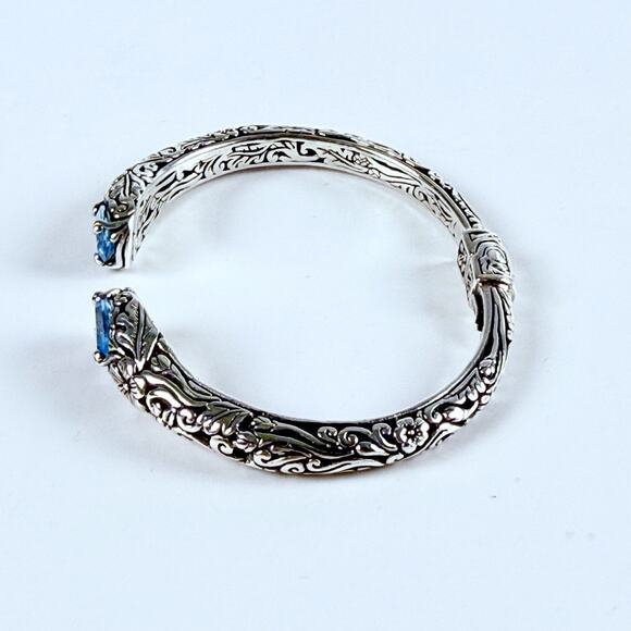 DESIGNER BLUE TOPAZ Floral Hinged Open Cuff Bracelet Sterling Silver Signed - Picture 11 of 11